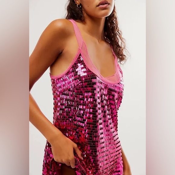 NWT! Free People Disco Fever Mini Slip Hot Pink Combo - Picture 3 of 5